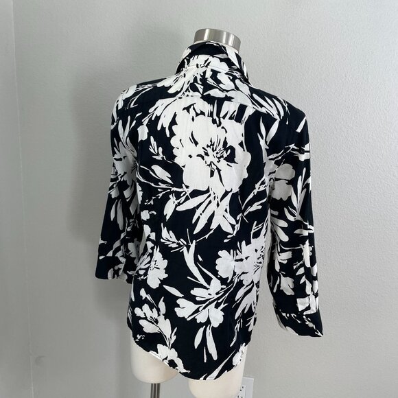 Chaps Womens Large Black White Floral Button Up Shirt 3/4 Sleeve Blouse - Picture 6 of 6